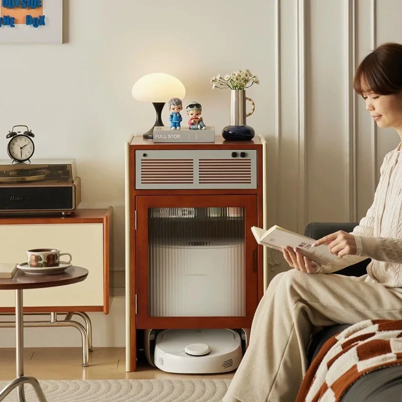 Retro Style Vacuum Robot Storage Cabinet for Home Use Solid Wood Housekeeping Storage Cabinet Side Table for Living Room Sofa