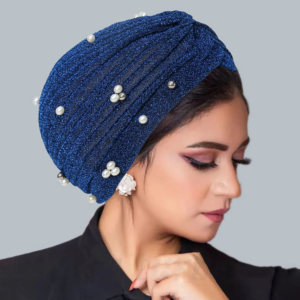 Donne argento lucido oro TurbanPearls nodo cofano turbante musulmano cappello pronto da indossare Hijab Cap copricapo donna Hijab Cap