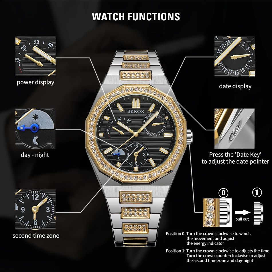 2024 SKROX GMT Dual Time-Zones Luxury Diamonds Automatic Man Watch Stainless Steel Mechanical Power Display Sun and Moon Clock