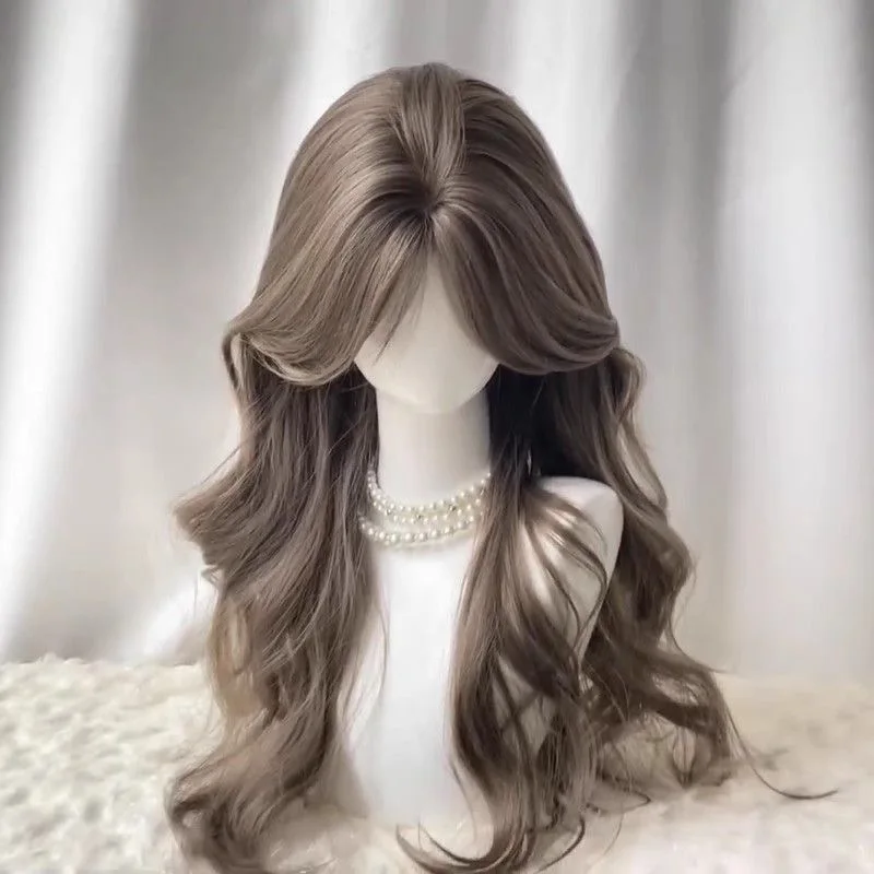 Bruine pruik, lang haar, kunstmatig gesimuleerd haar, anime spelaccessoires, cosplay, volledig hoofddeksel, krullend haar, fotoshow rekwisieten