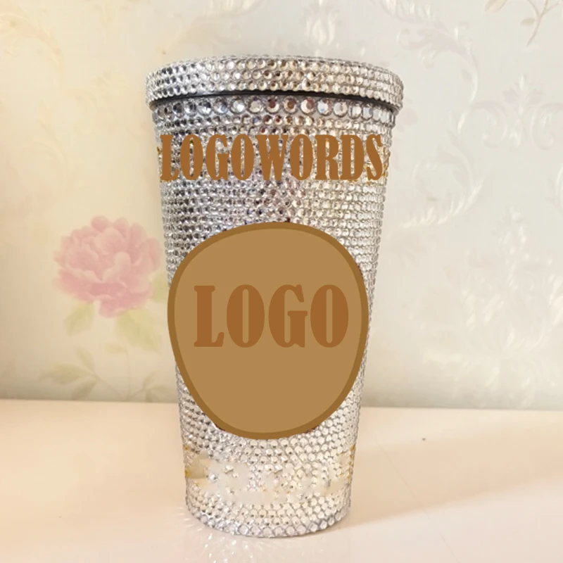 Luxury Rhinestone-Studded Stainless Steel Straw Cup Sparkling 500ml Thermos Glass Rhinestones Water Bottle Fashion Coffee Mug