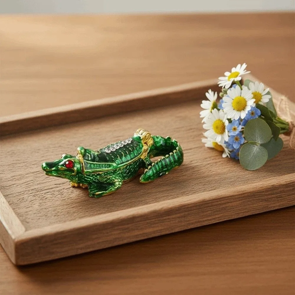 

Luxury Magnetic Crocodile Mini Organizer Rhinestone Alloy Enamel Jewelry Box Anti-lost Ornament Ring Display Case Necklace