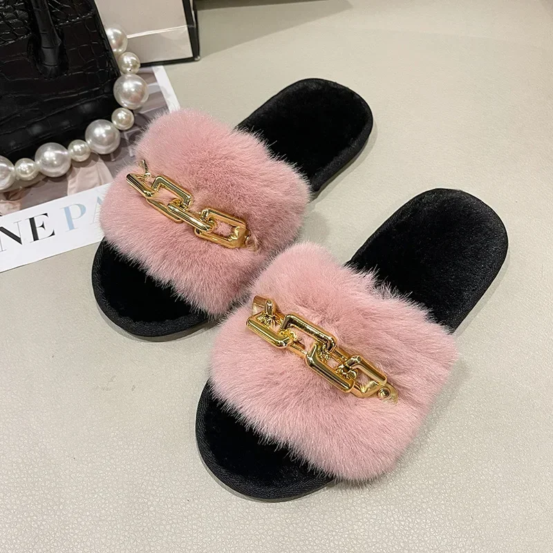 Fluffy Fur Slippers 2024 New Fashion Chain Design Women Home Slippers Winter Indoor Open Toe Flat Non-slip Leisure Female Shoes