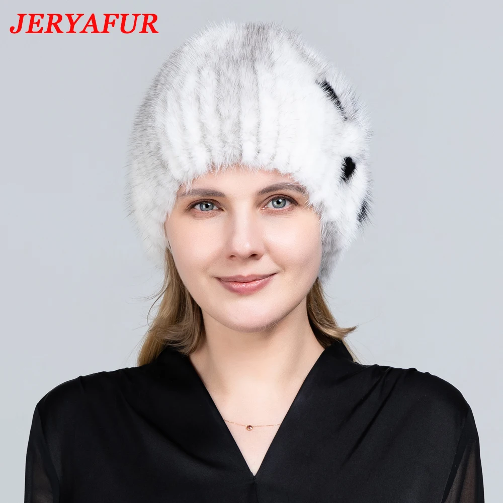 JERYAFUR Knitted Fur Hat Women Winter Warm Natural Mink Fur Hats Striped Stylish Beanie Hat