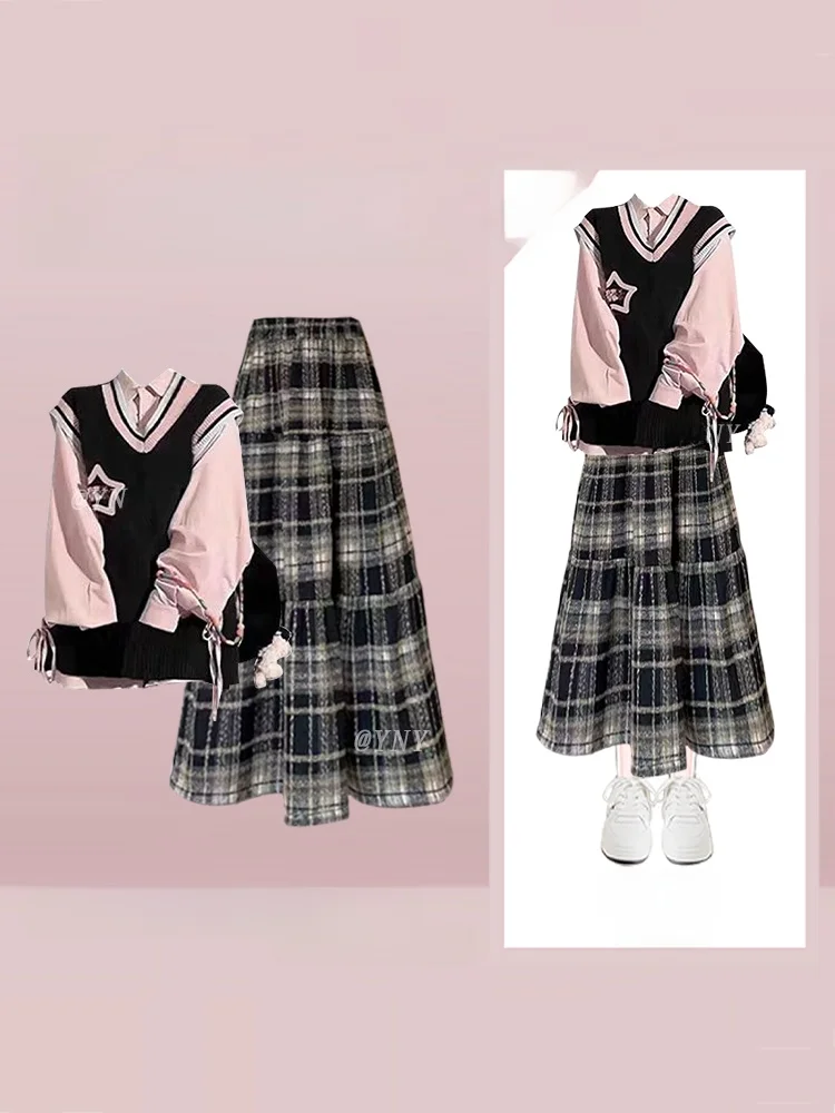 

Korean Style Knitted Vest Shirt Plaid Skirt Women's Fashion Set Autumn Season Loose Fit College Style Anti-Aging Ensemble