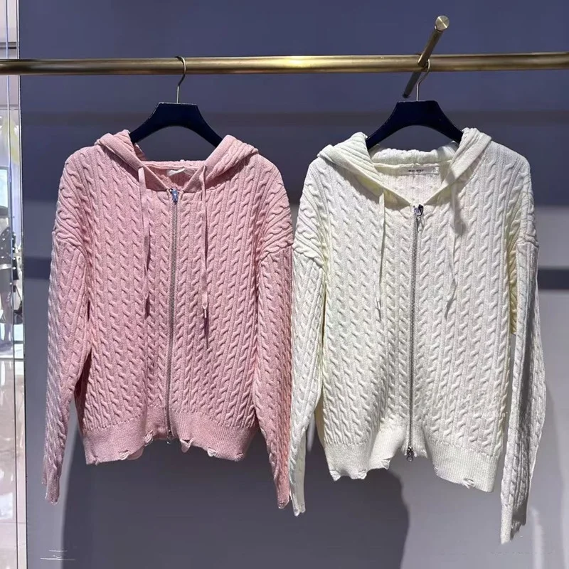 

Pure Original MOU 2025 Spring New Simple Commuter Sle Hooded Knitted Zipper Open Cardigan 028ISZ7006 Women's Sweater