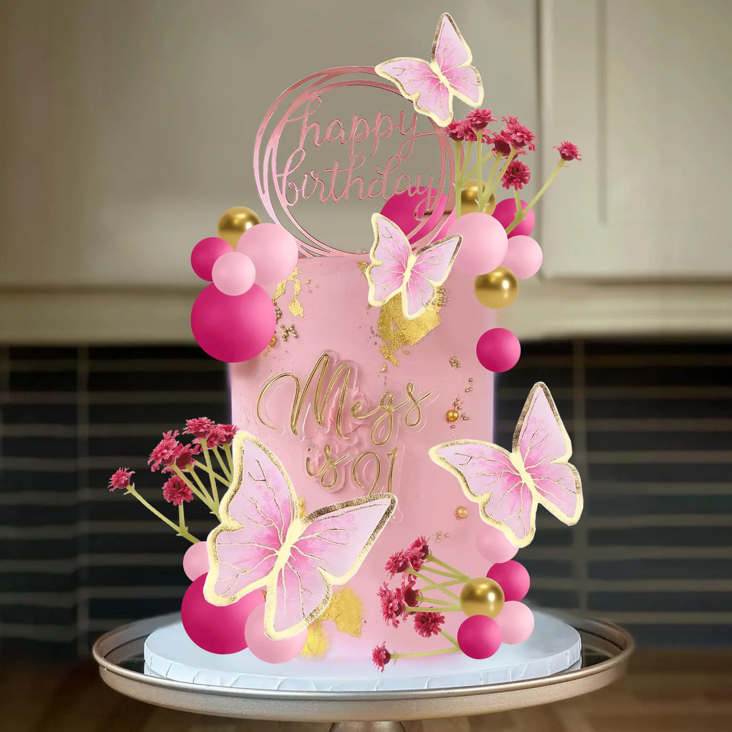 Pink Purple Balls Cake Toppers Butterfly Cake Decorations Happy Birthday Cake Topper for Wedding Baby Shower Birthday Flower The