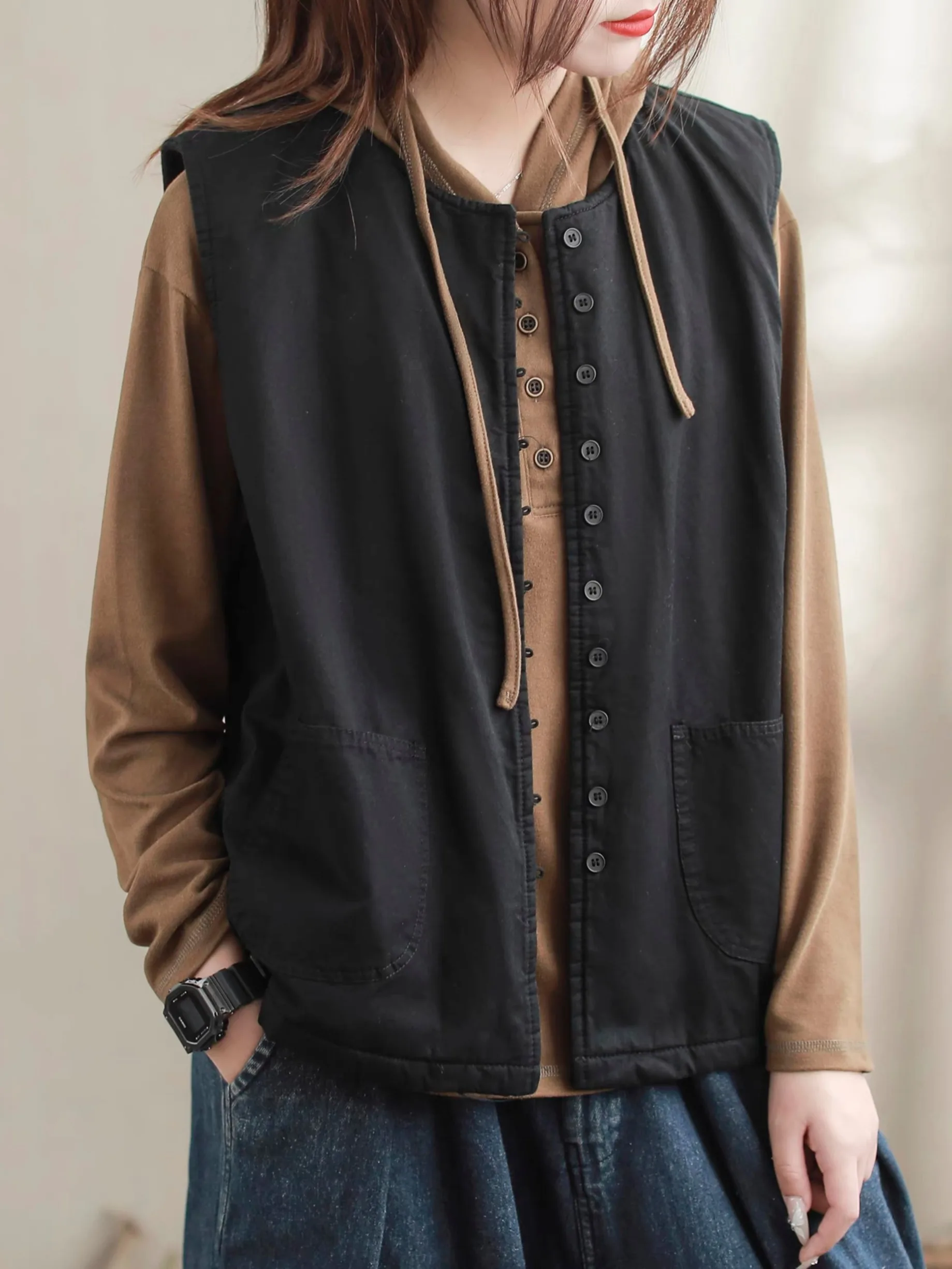Retro Cotton Fleece Vest Women's Autumn Design Layered Wear Workwear Jacket Pure Cotton Fluffy Lined Button up Vest Top