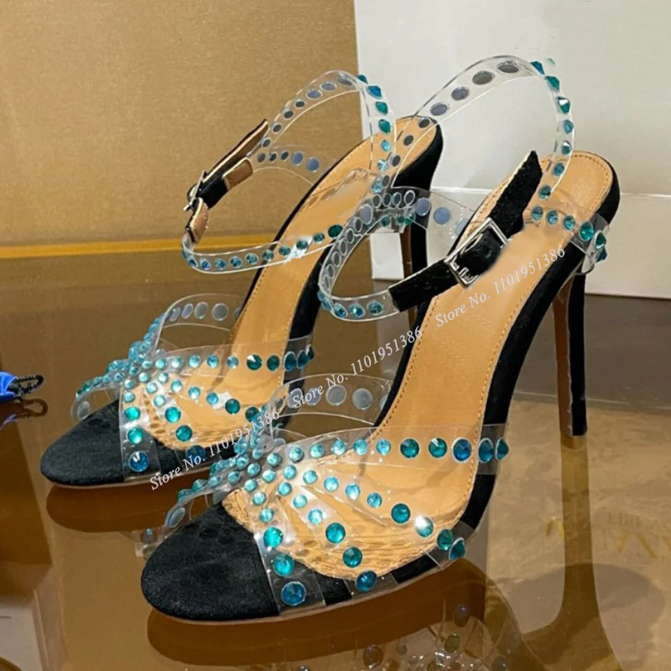 

Abesire Blue Clear PVC Crystal Decor Sandals Buckle Thin High Heel Open Toe Shoes for Women Shoes on Heels Zapatillas Mujer