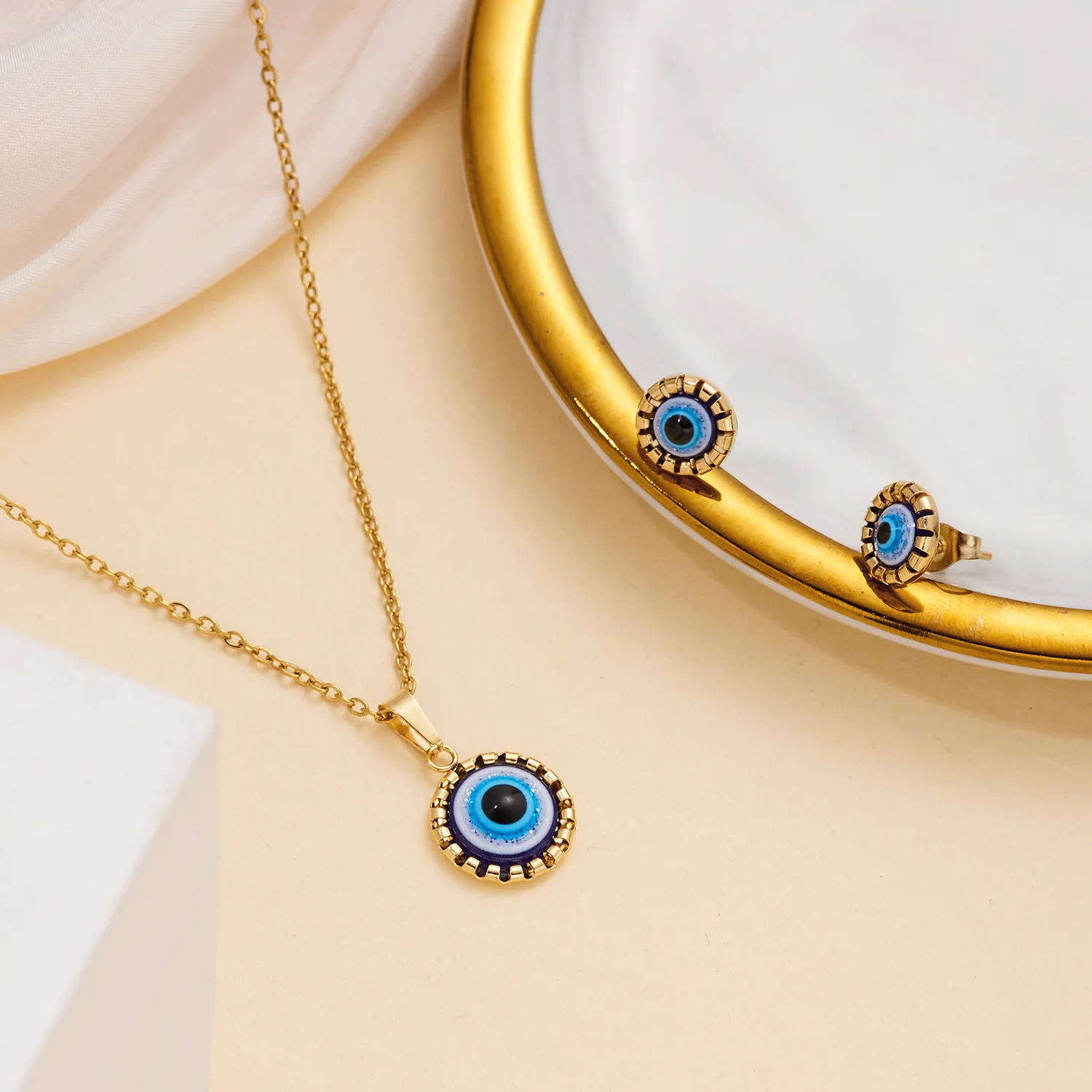 New Turkish Eye Jewelry Fashion 2-piece Blue Eye Earrings Necklace Combination Set