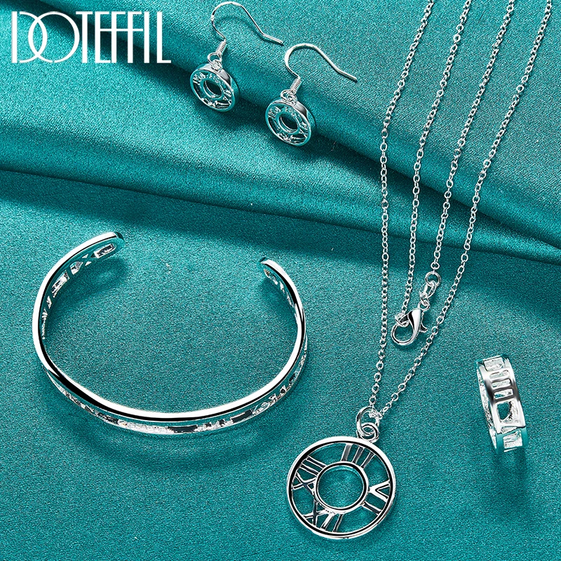 DOTEFFIL 4pcs 925 Sterling Silver Roman Numerals Earring Bangle Necklace Ring Set For Woman Wedding Engagement Fashion Jewelry