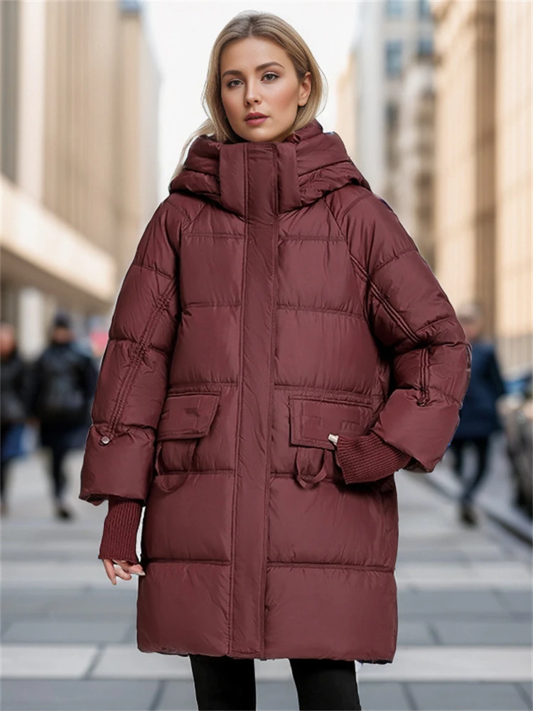 2024 Winter New Women\'s Loose Padded Down Jackets The Mid-Length Is Thickened Personality Pockets Warm Over-The-Knee Jacket