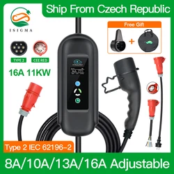 Isigma ev carregador tipo 2 3 fases 11kw 8/10/13/16a ajustável iec62196 cee vermelho plugue da ue 380v carregamento rápido saco de suporte grátis