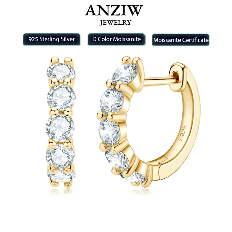 Anziw 14k Gold Plated Hoop Earrings for Women 3.5mm D Color 925 Sterling Silver Moissanite Diamond Huggie Earring Girls Jewelry