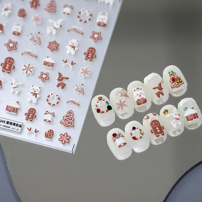 Thin Tough 3D Cartoon Nail Stickers Self Adhesive Heavy Snow Christmas Day Design High Quality Glossy Vinyl for Women Holiday
