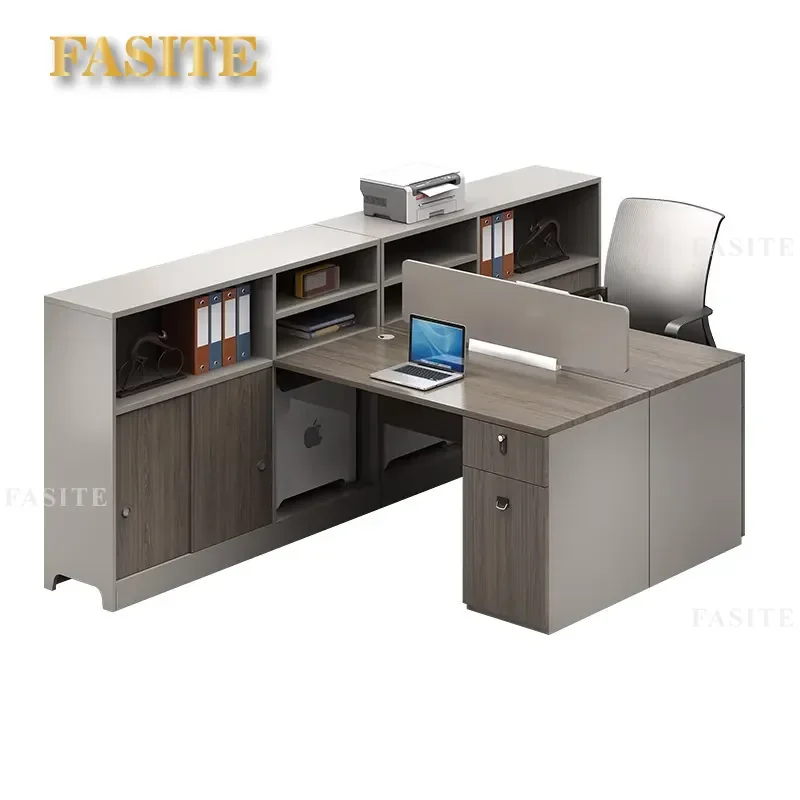 For 4/6 Person Office Workstation Desk with Screen Partition Right Angle Computer Desk Staff Card Seat Chair Combination