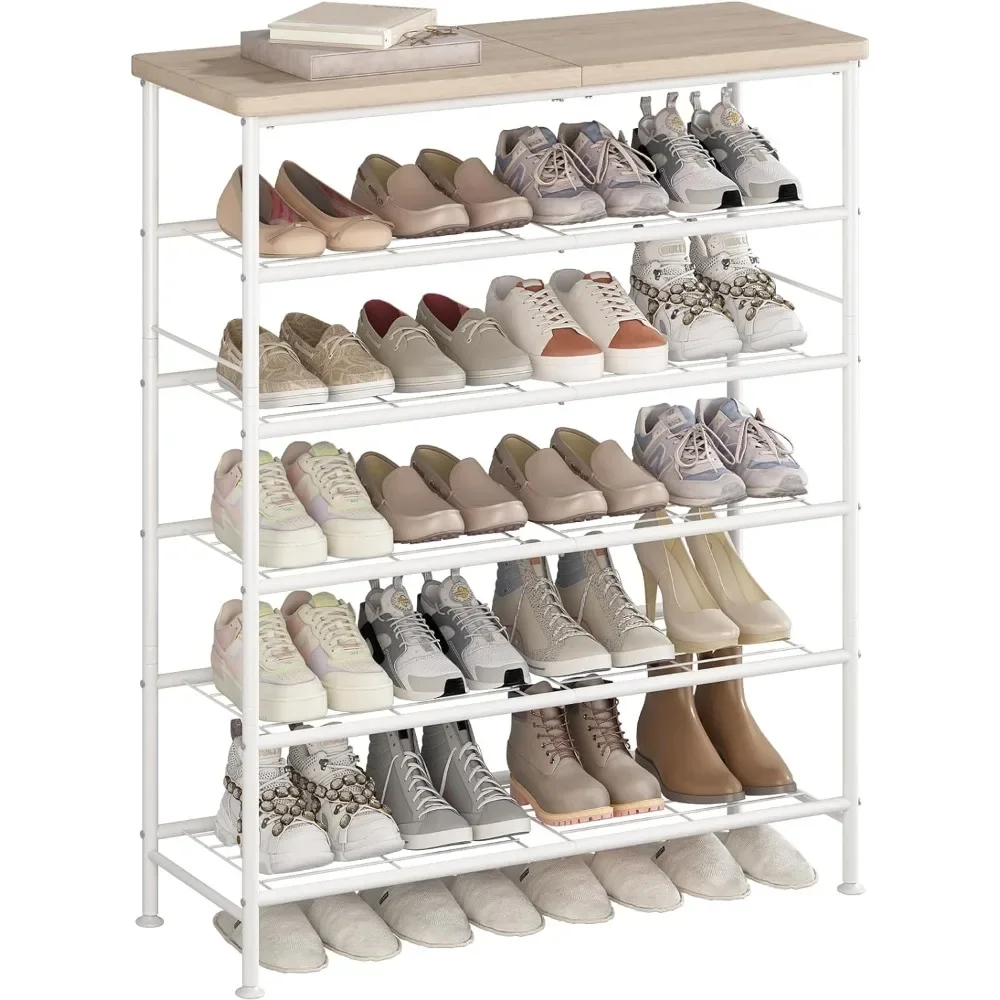 Shoe Rack Organizer 6 Tier for Closet Entryway Free Standing Metal Storage Shoe Shelf with MDF Top Board