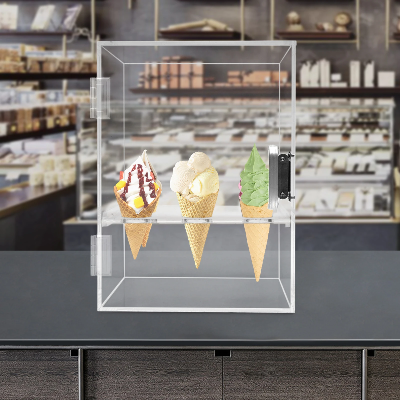 

Clear Acrylic 9 Holes Ice Cream Cone Cabinet Egg Roll Open Box Sugar & Waffle Cone Storage Display Cabinet Holder Case with Door