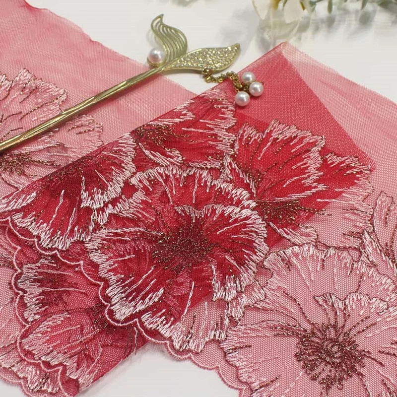 

Exquisite Red Flower Embroidery Mesh Lace Fabric Handmade Doll Clothing Material DIY Garment Sewing Accessories 28Y 18cm H226