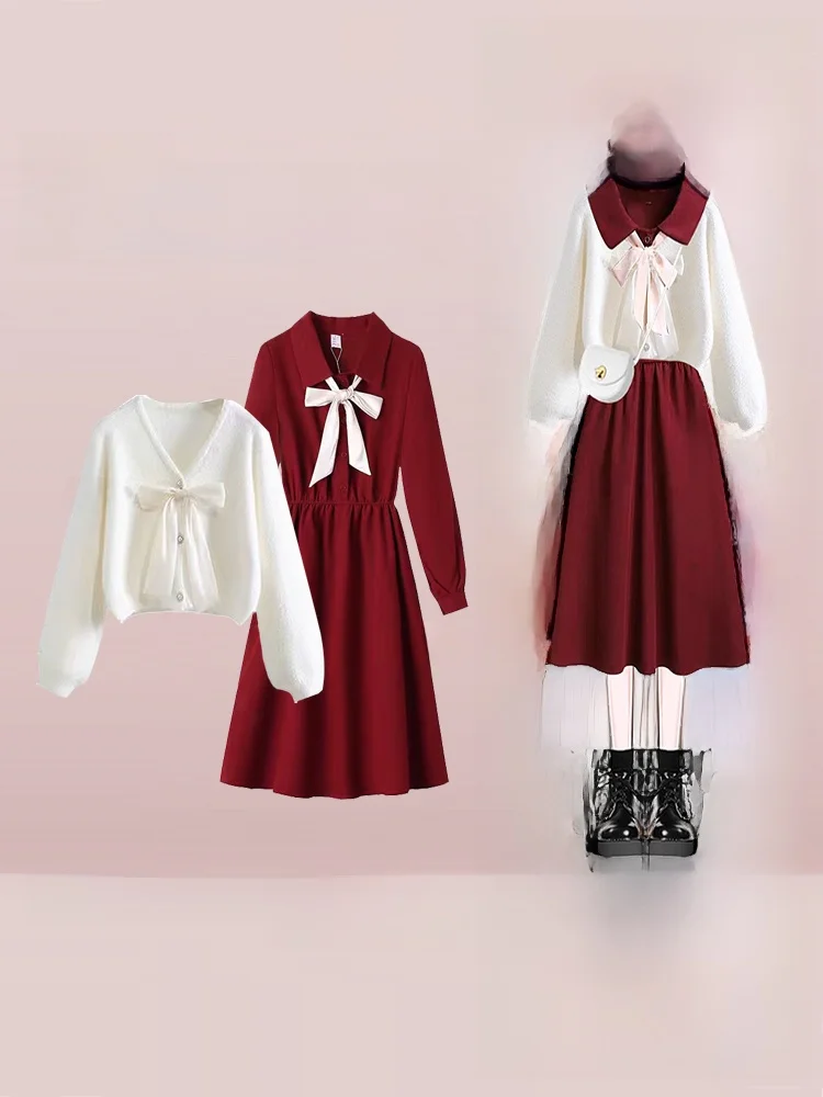 

Sweet Knot Knitted Cardigan Women's Collar Dress Two-Piece Set Age-Defying Elegant Fashion Autumn New Arrival