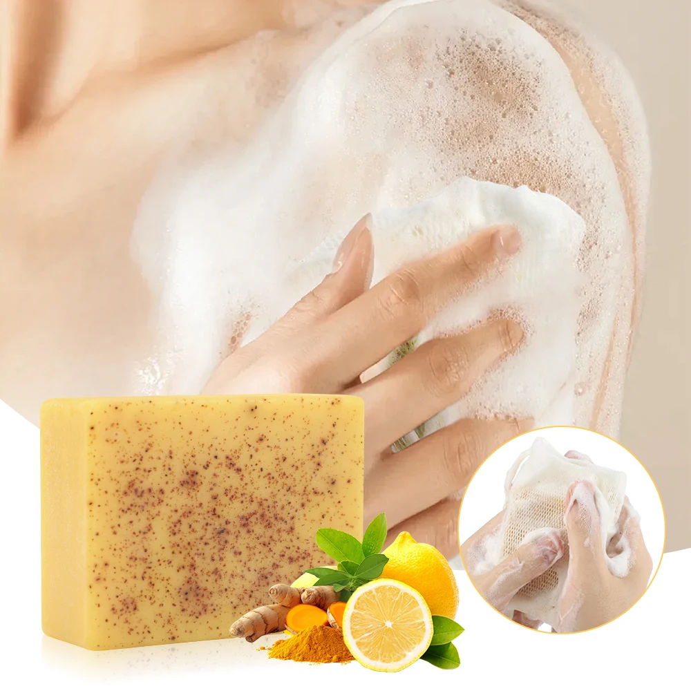 

Lemon Turmeric Brightening Soap Handmade Deeply Cleansing Glowing Body Exfoliating Shower and Face Soap Body Care with Net 100g