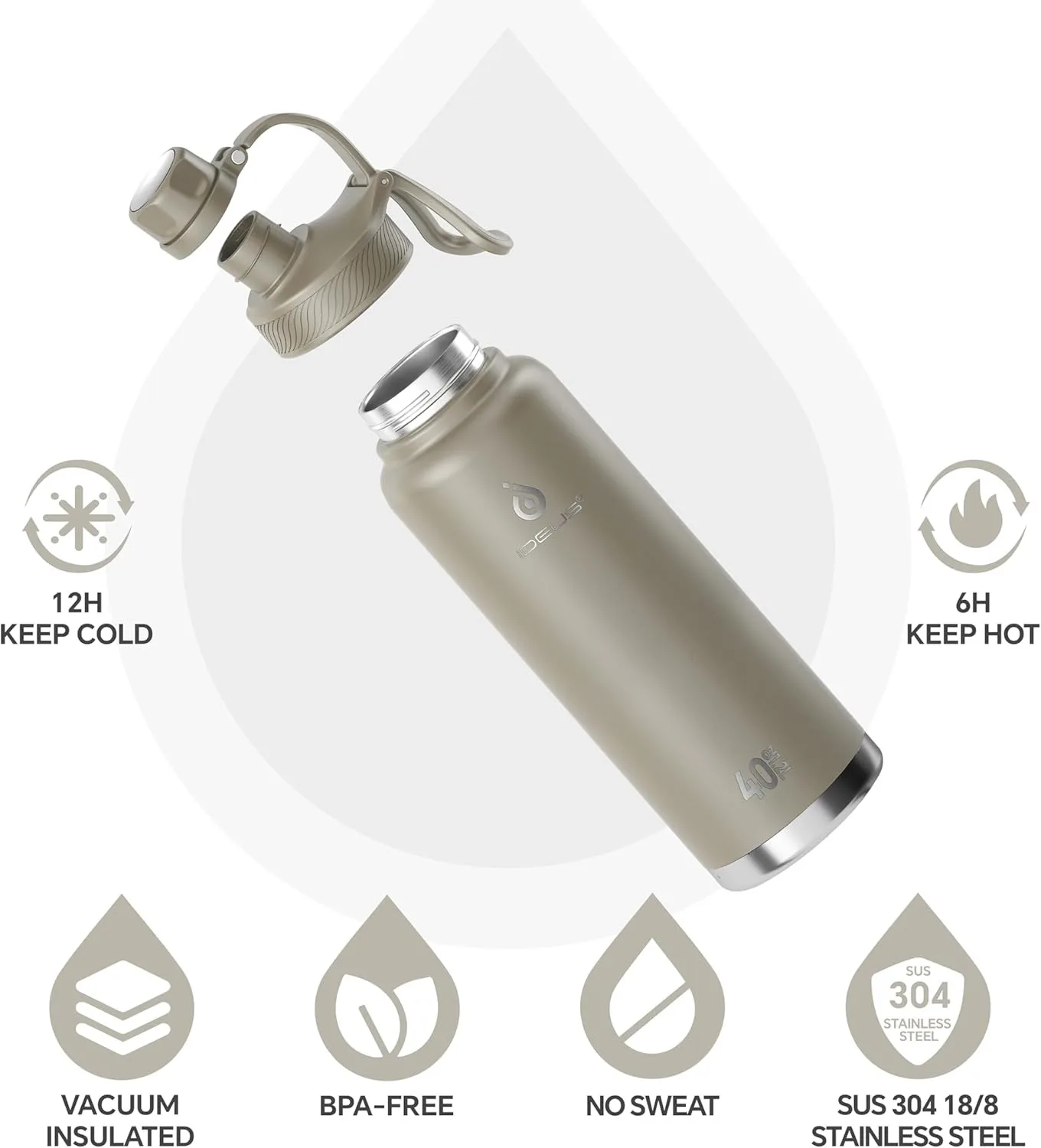 Ideus stainless steel thermos flask 900ml, 2 leak-proof LIDS, suitable for hiking, cycling and outdoor sports
