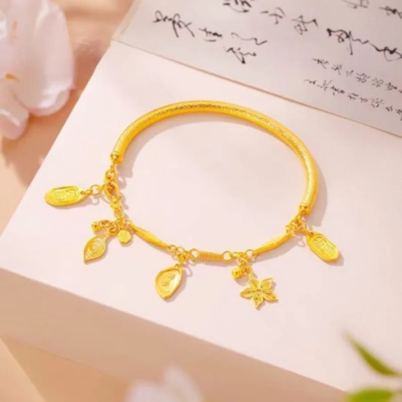 

Chinese Style Ancient Fasha Golden Blessing Family Five Leaf Starry Star Bracelet Women's Retro Pendant Half Bracelet Bracelet