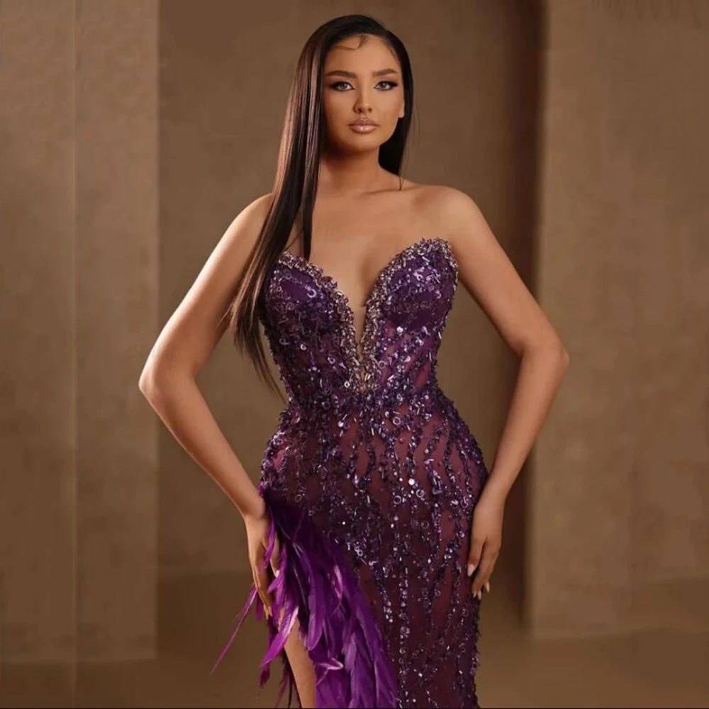 Exquisite Purple Evening Dresses Sweetheart Sequined Feathers Sleeveless Mermaid Side Split Sexy Women Banquet Prom Gowns