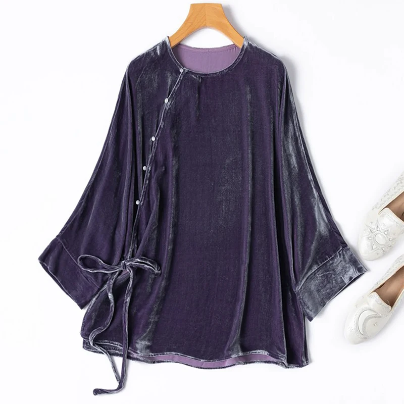 100% Mulberry Silk Lining Silk Velvet Women Shirt Purple Chinese-style Diagonal Placket  Long Sleeve Top Blouse Autumn M1813