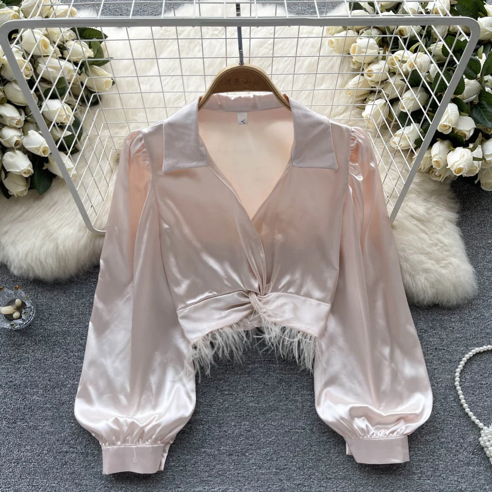 Elegant Satin Fluffy Tassels Long Sleeve Blouse Chic Vintage Korean Fashion Crop Top Women Spring Summer Shirts Gothic Clothing