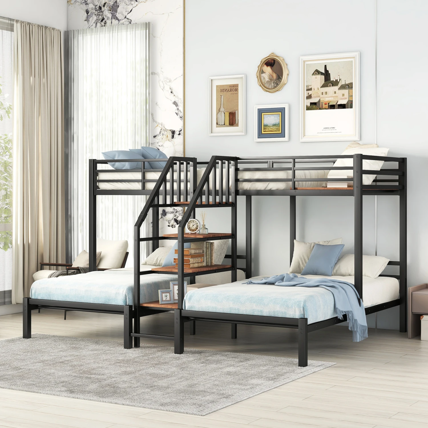 

Metal Twin over Twin & Twin Triple Bunk Bed with Storage Shelves Staircase - Black