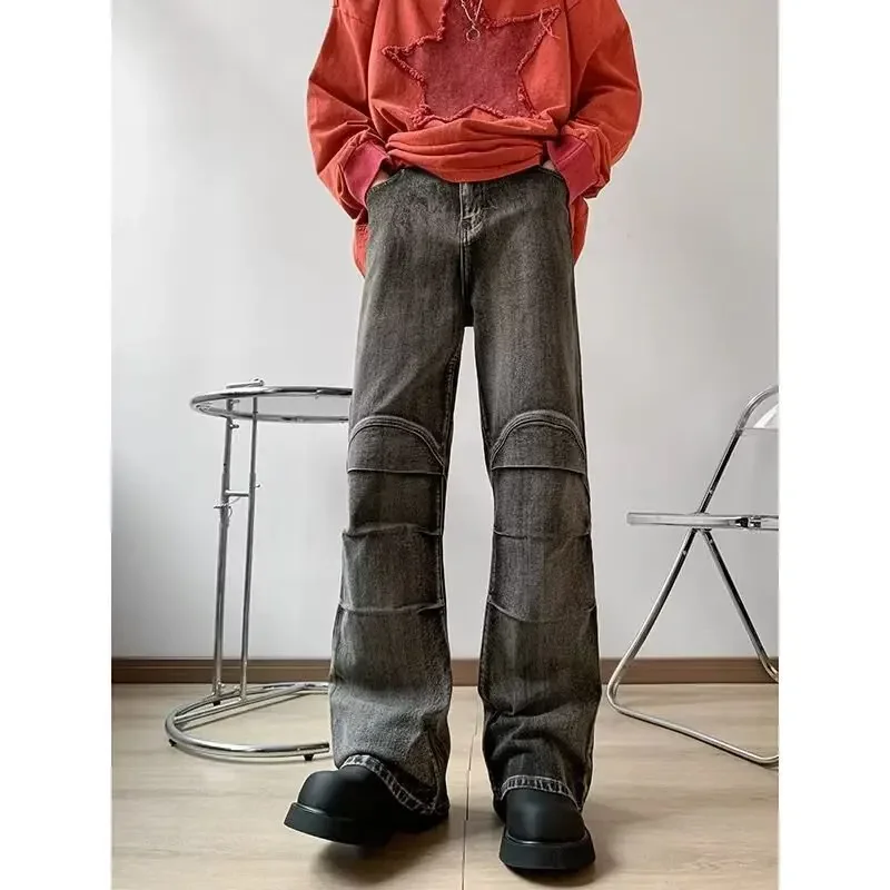 

Jeans Pleated High Street Vibe Style High-flared Pants Trendy New Style for Men and Women Denim Men's Y2k Clothes Rhinestones