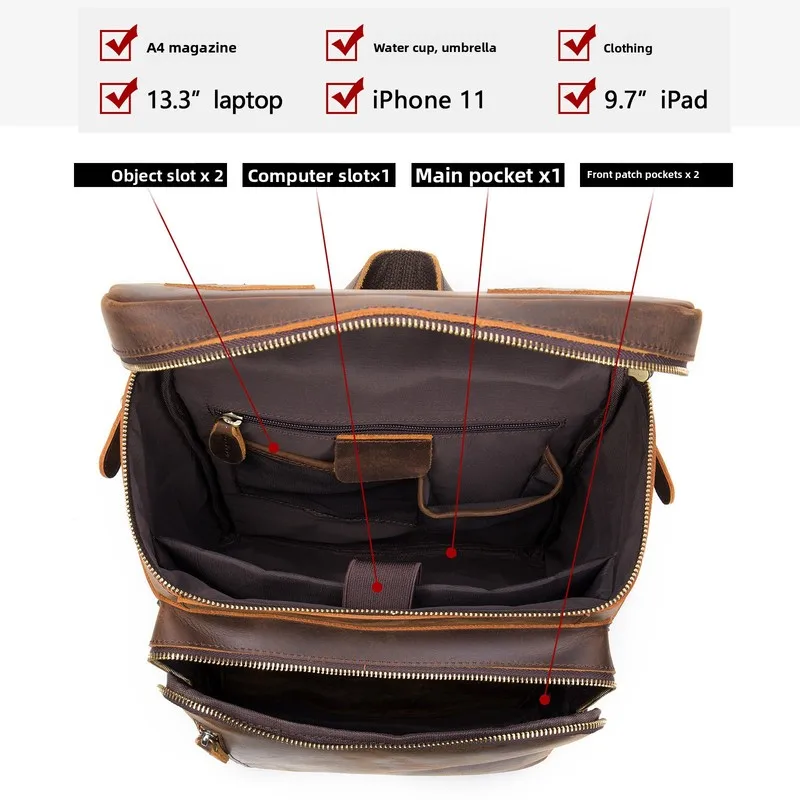 Travel backpack, large capacity, cross-border, double-shoulder bag, export goods, men's genuine leather double-shoulder bag