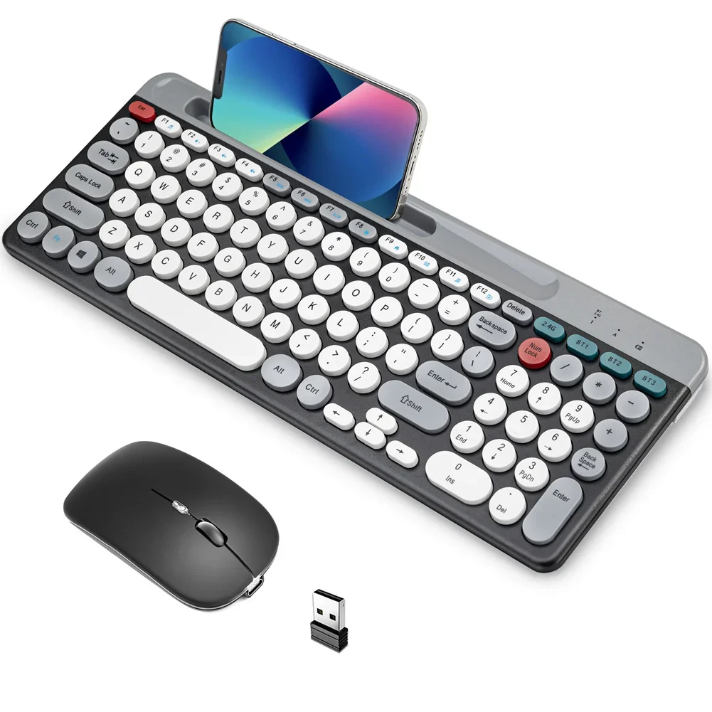 

Wireless Keyboard And BT Mouse Set 125hz Multi-Device Mode With Phone Stand Compatible For Win 7 Or Later ParaMac OS