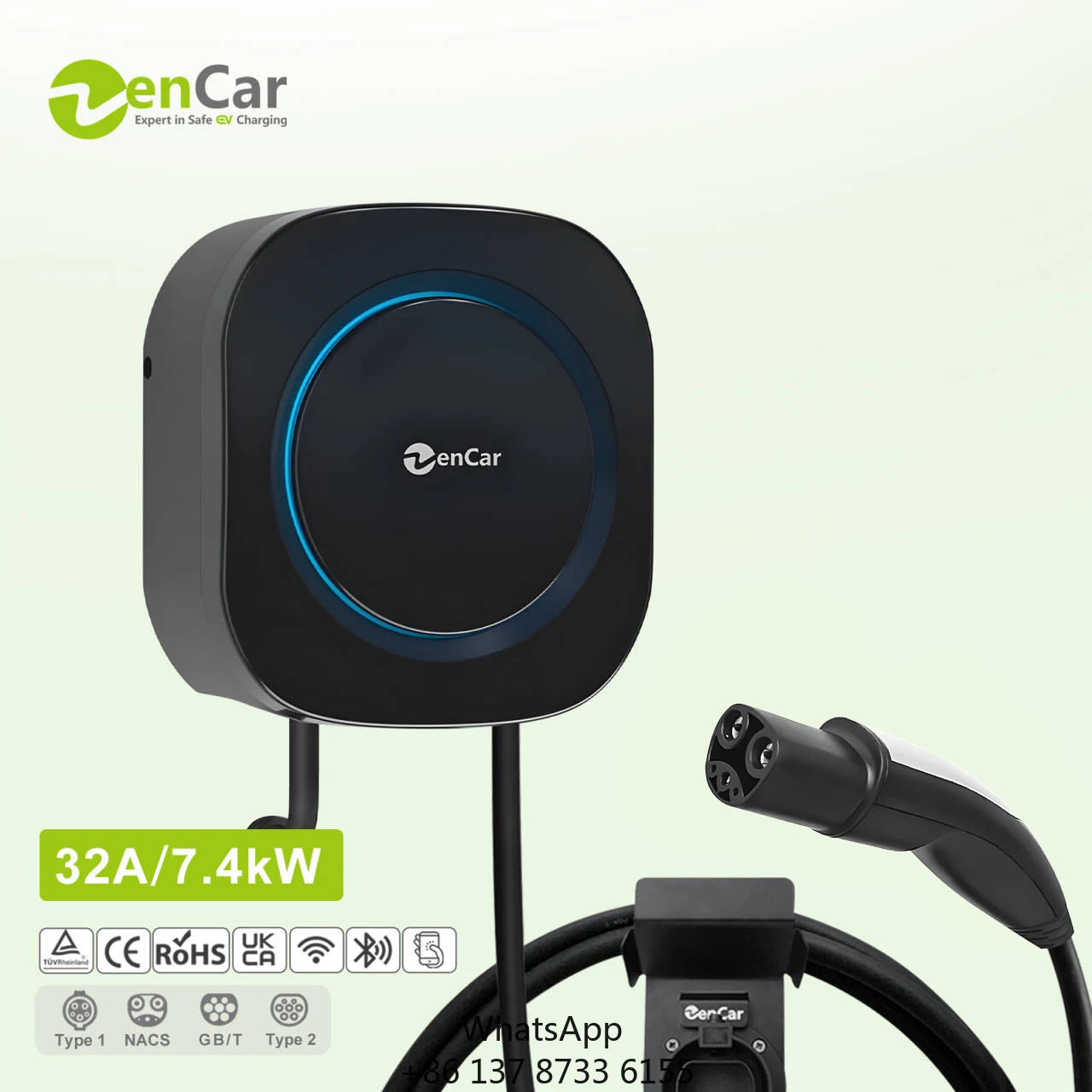 Zencar 7kw Wall Mounted Ev Charger Wmini 32A EV Charging Pile Nacs Plug With Type B RCD AC 30mA + DC 6mA 12 Safety Protections