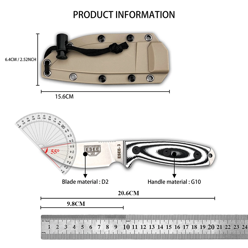 ESEE 3 Practical Fixed Pocket Knife with Sheath Suitable for Indoor Home DIY Kitchen Food Handling Backyard Barbecue Camping Trip Trail Walking Garden Maintenance Outdoor Field Work Picnic Preparation Box Opening Light Home Cutting Tasks