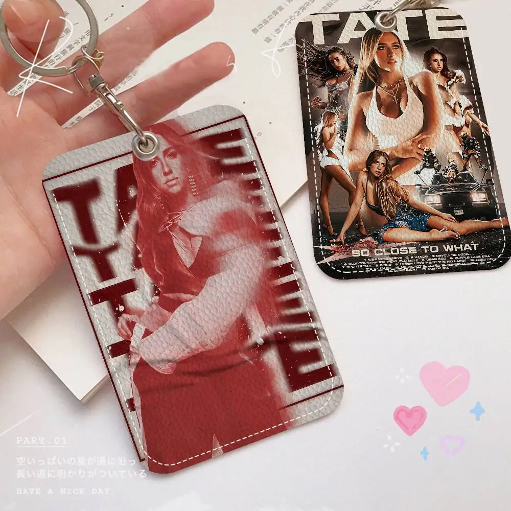Singer Rapper Tate McRae Anime Rectangle ID Card Case Keychain Access Card Bag Key Tag Ring Leather Card Holder Key Ring Access