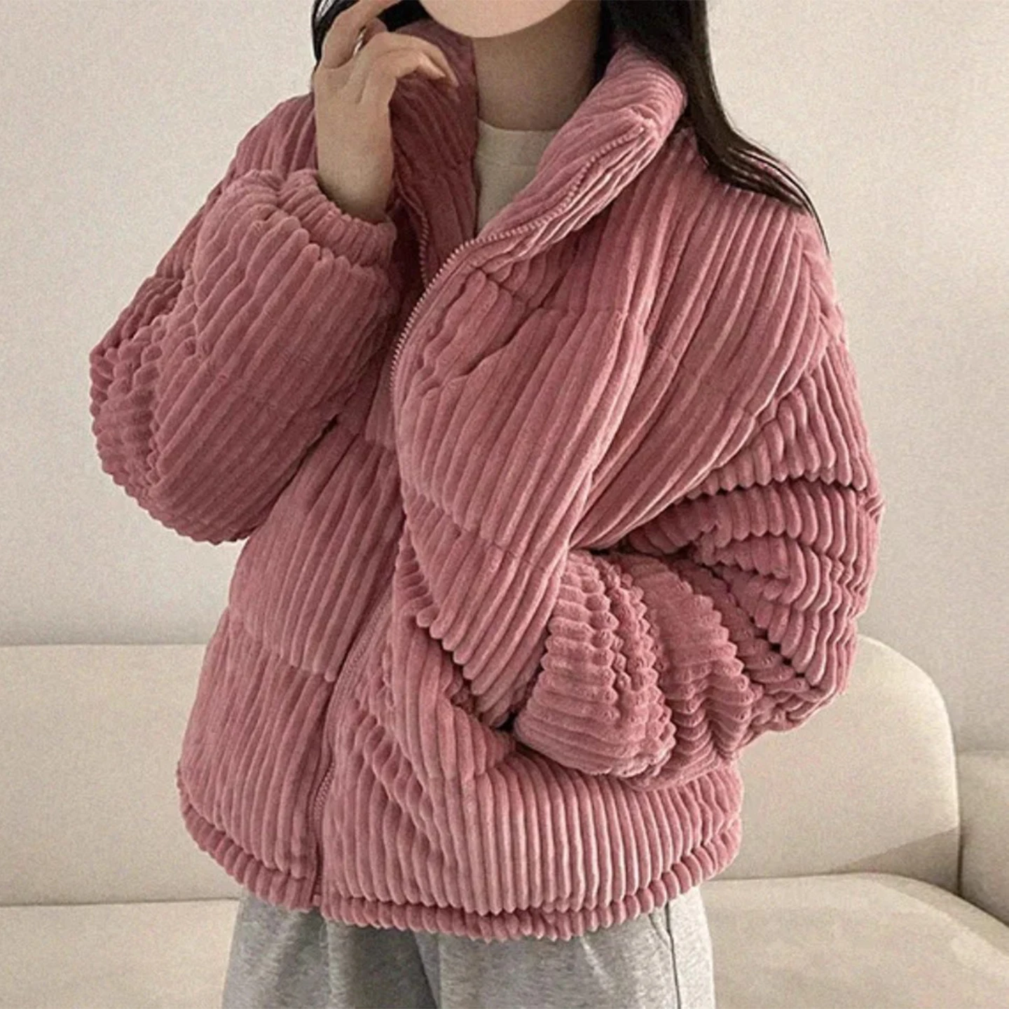 

Pink Corduroy Thiened Winter Cotton Jaet Women's Faionable Retro Sle Warm Pure Color Coat Long Sve Zipper Closure
