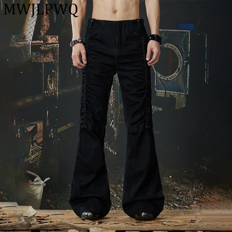 

MWJLPWQ Men New Y2K Punk Side-Pleated Jeans Slim-Fit Streetwear Micro-Elastic Casual Slight Flared Trousers Spring Autumn 13912
