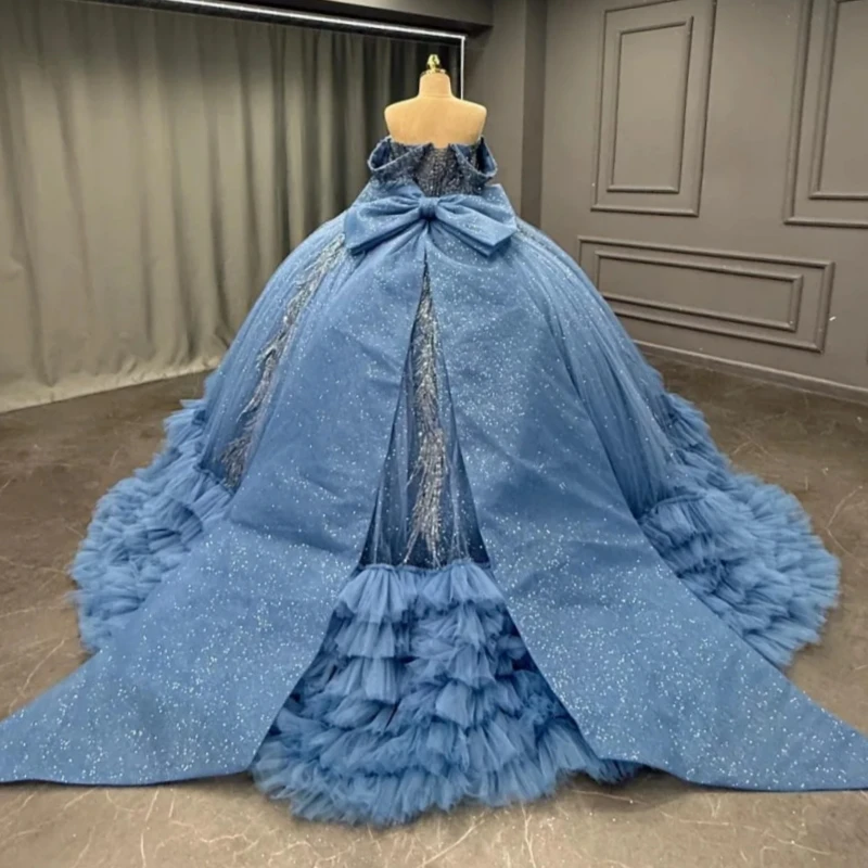 الأزرق الداكن لامعة الكرة ثوب فساتين Quinceanera قبالة الكتف زين الدانتيل الخرز القوس المتدرج تول حفلة عيد ميلاد الحلو 16 فستان