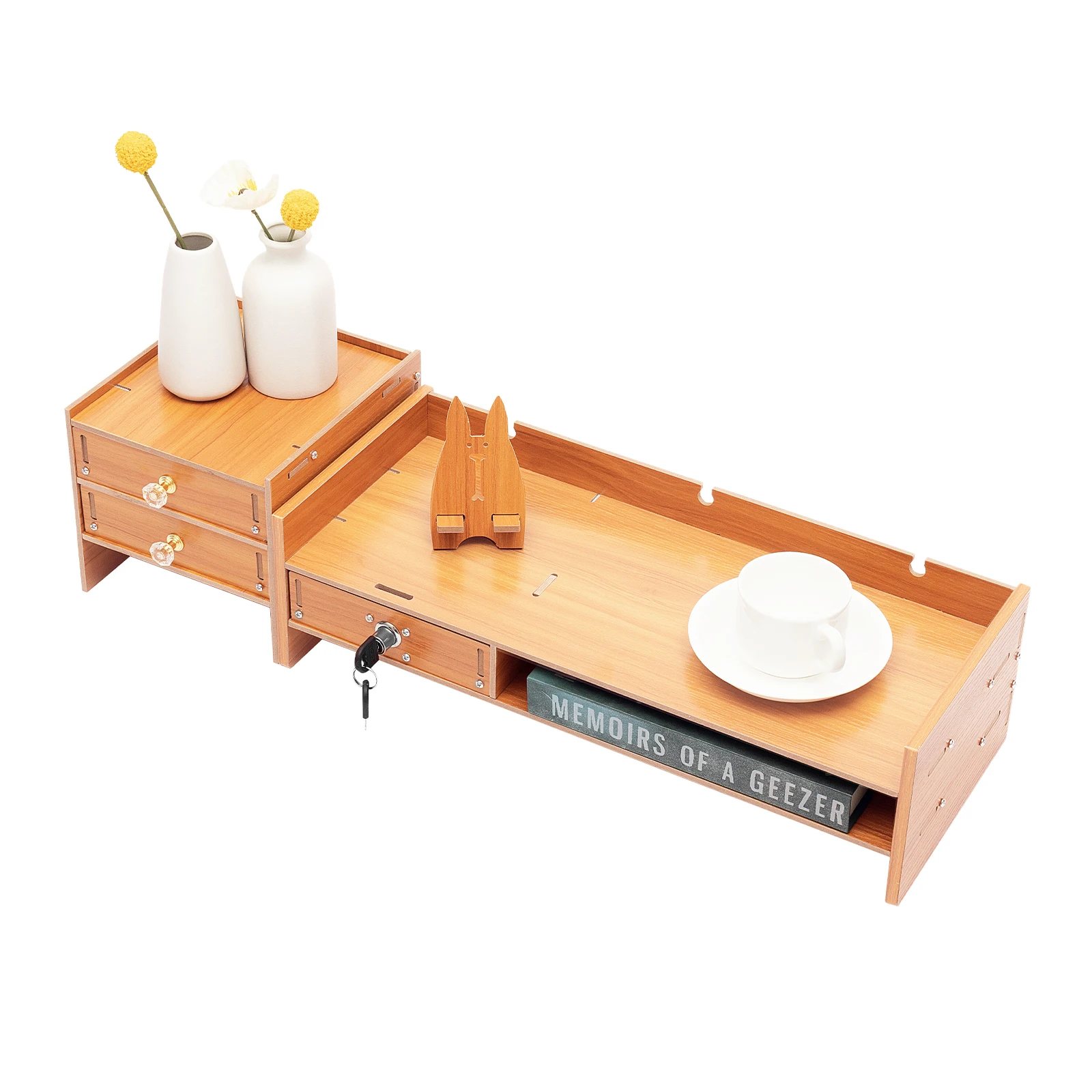 52.5×21×6cm Monitor Stand with 3-Drawers Lockable Desktop Computer Riser Tabletop Storage Organizer