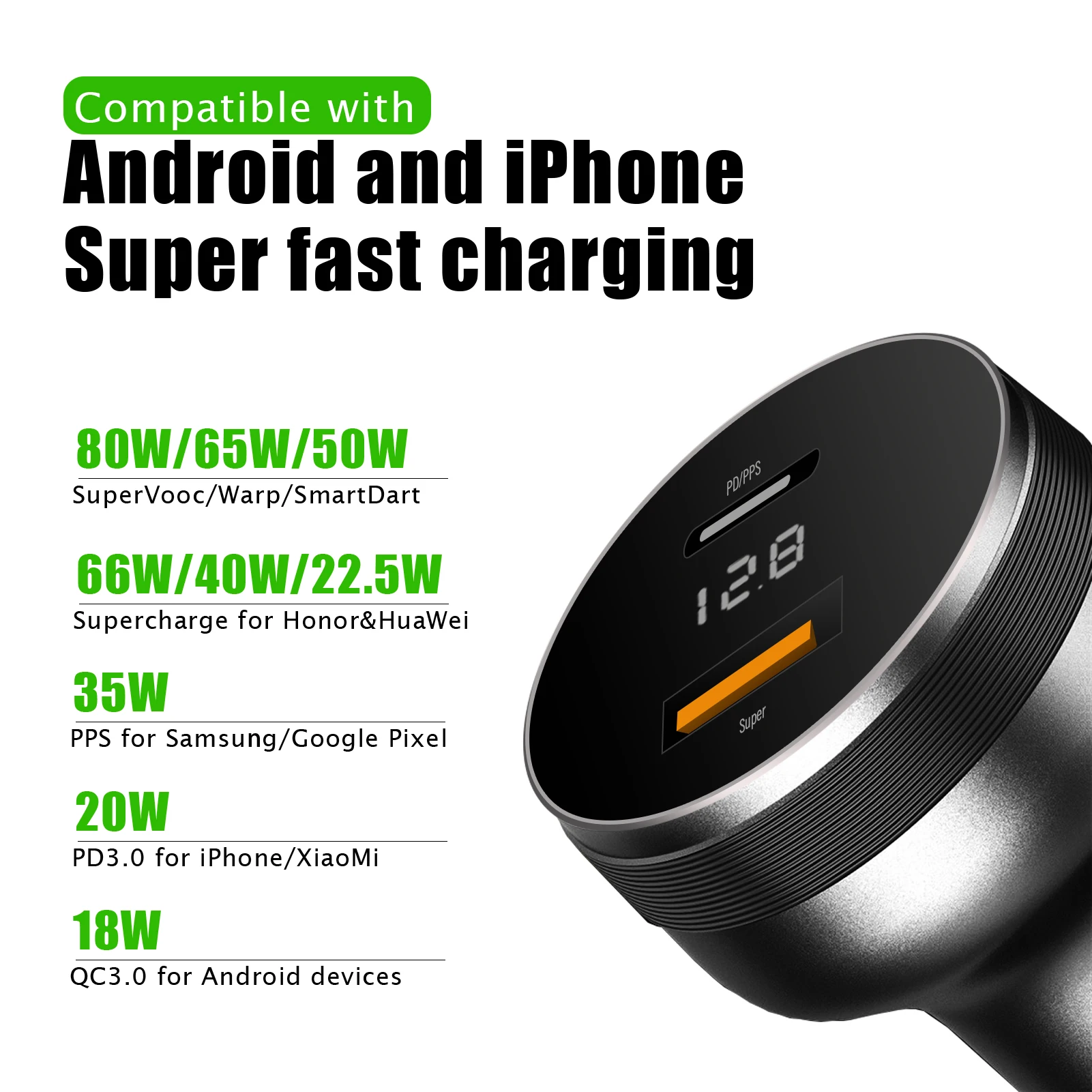 Supervooc Car Charger for OPPO Find X5/Reno8,80W/65W Warp car adapter  for OnePlus11,2 Port Cigarette Lighter Adapter for Realme