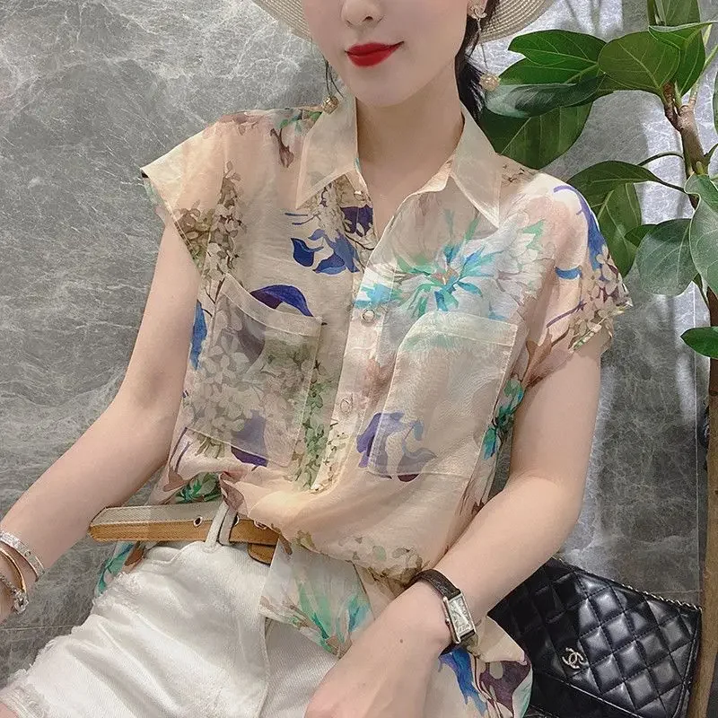 

Fashion Printed Elegant Turn-down Collar Shirt Female Korean Casual Pockets Spliced Short Sleeve Blouse Summer Women's Clothing