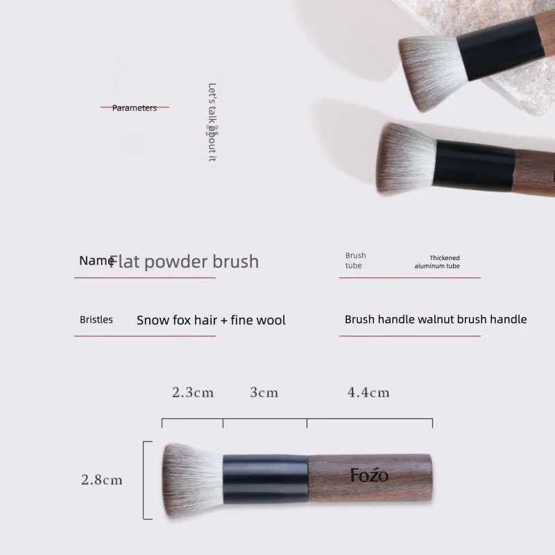 Snow Fox Fur Fluffy Walnut Wood Loose Powder Round Foundation Brush Flat Head Soft Focus Effect Detail Base Makeup