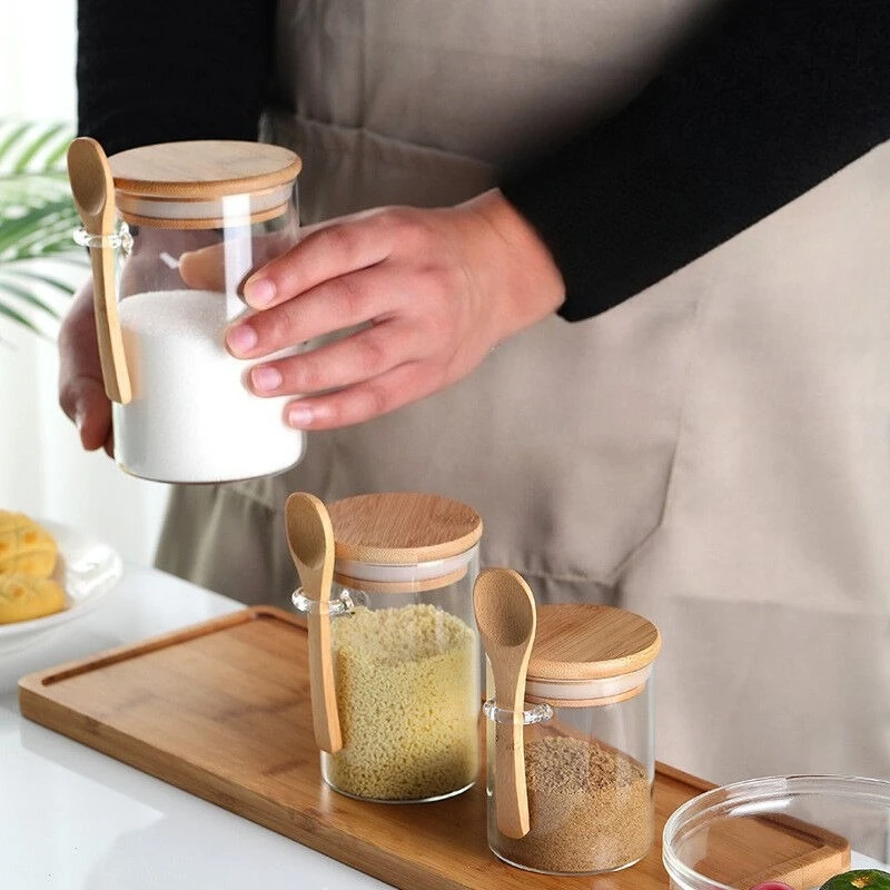 Frascos de especias de vidrio con tapa de bambú y cuchara, contenedores de almacenamiento de cocina, botes de comida redondas herméticas para despensa de té, sal y azúcar