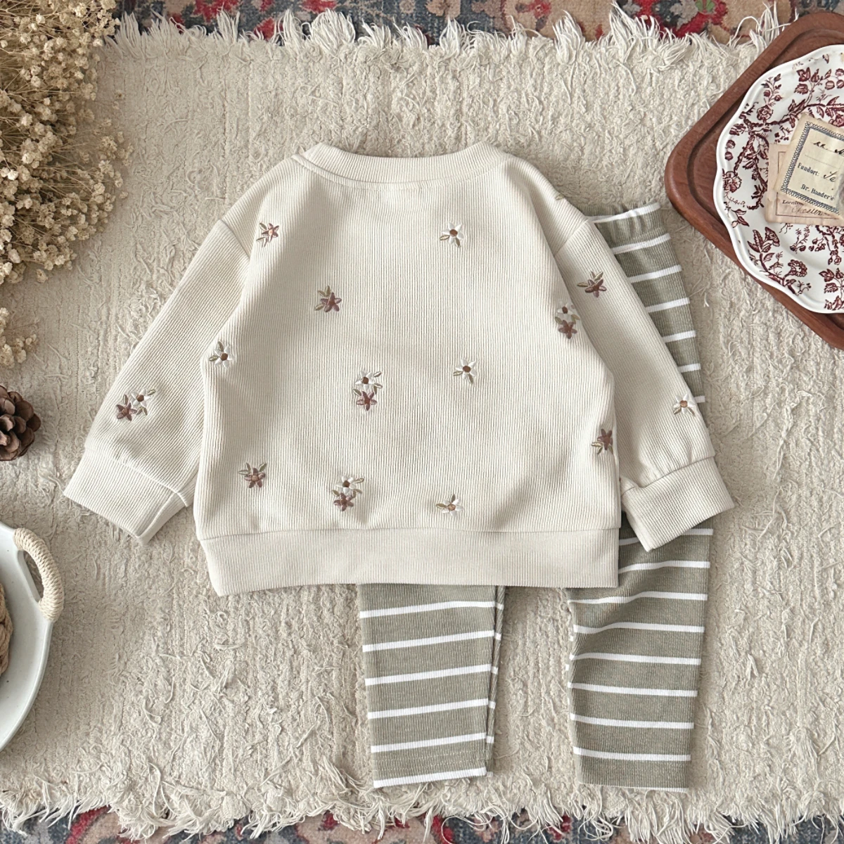 Toddler Girl Outfits Floral Embroidery Long Sleeve Sweatshirt Slim Striped Pants Set Spring Fall Clothes Baby Newborn Items