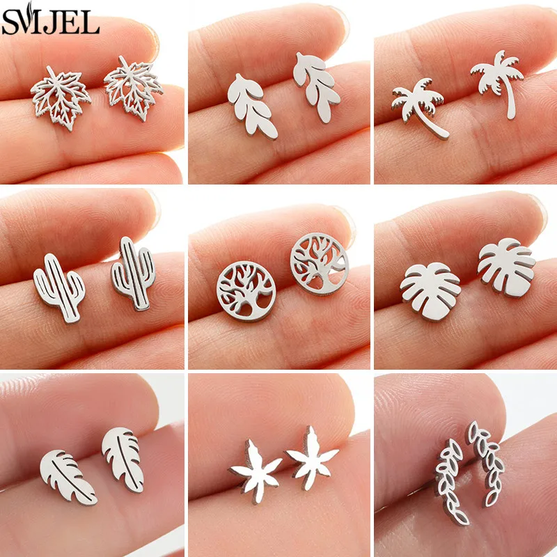Bohemia Small Maple Leaf Earings Fashion Jewelry Summer Design Vintage Cactus Coconut Palm Earrings Stud for Women Pendientes