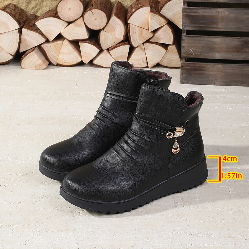 

Non-slip Warm Snow Boots-Mid-Age Leather Boots, Mom's Cotton Shoes for Women, Soft Winter Fleece-Lined Flat Work Boots
