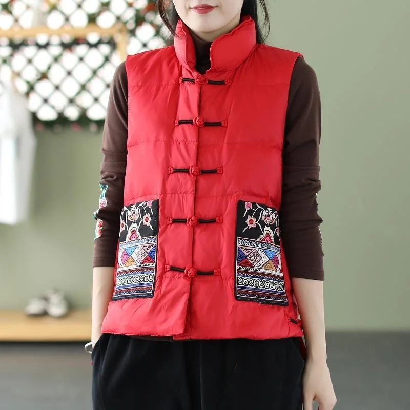 Chinese Style Vintage Women Frog Down Waistcoat Coat Warm Light White Duck Down Vest Parkas Female Sleeveless Short Tank Jacket