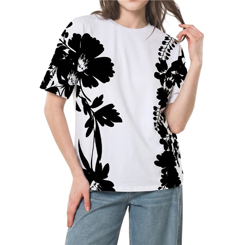A63T-Oversized Graphic Shirt For Teens Girl Crew Neck Y2K Floral Short Sleeve Baggy Tee Shirts Tops White S